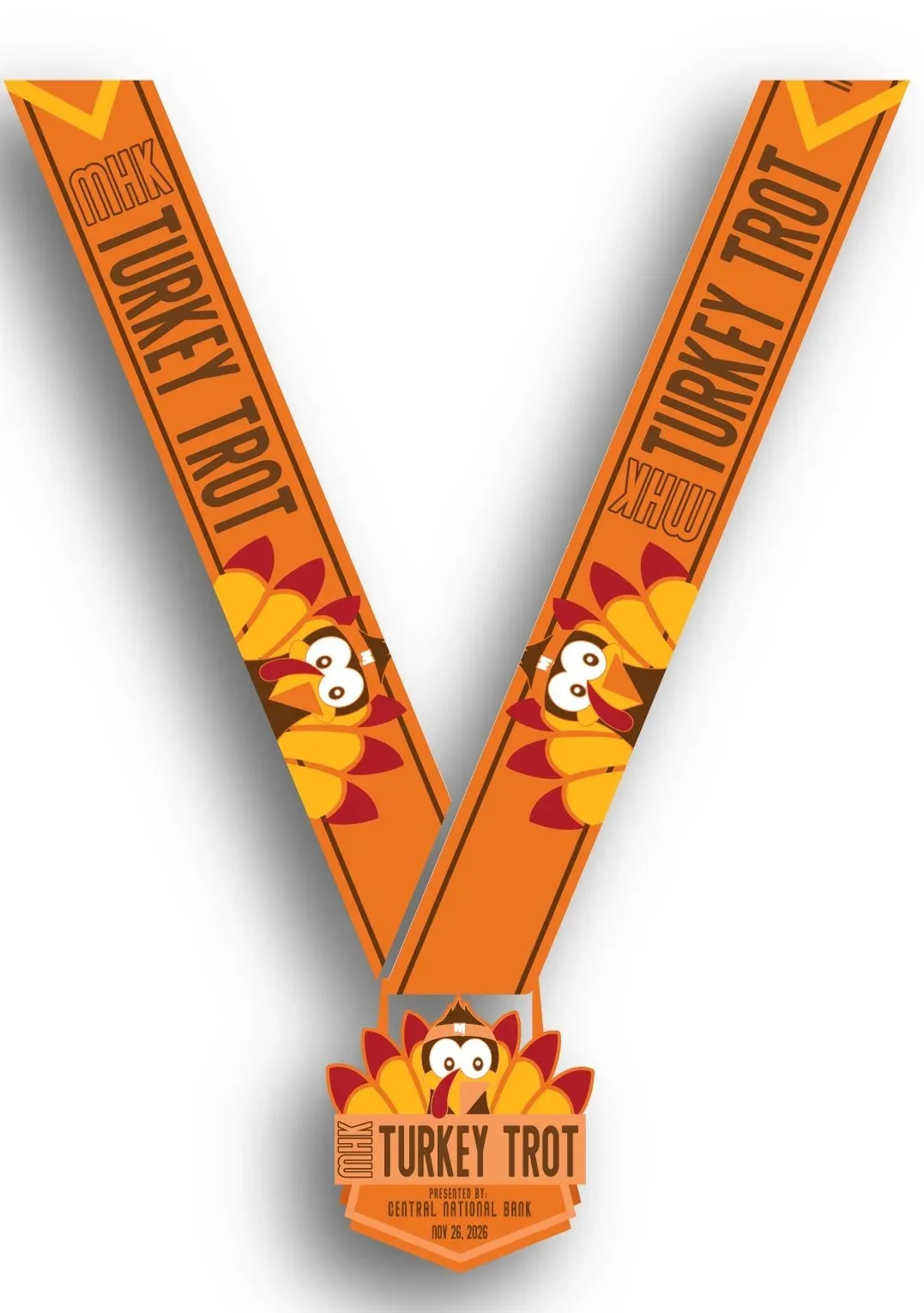 The MHK Turkey Trot finisher medal, a turkey in a headband.