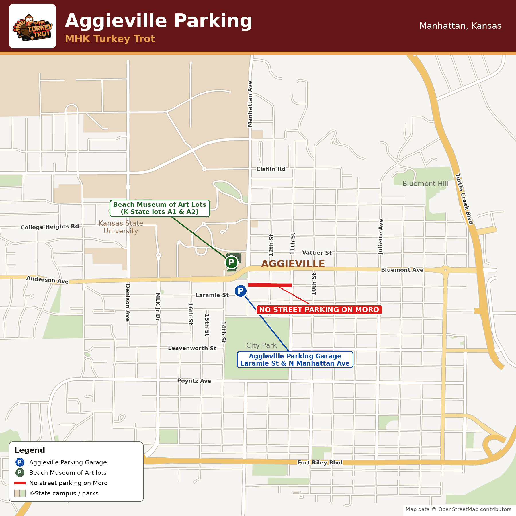Aggieville parking map for the MHK Turkey Trot. Beach Museum of Art lots A1 and A2, the Aggieville Parking Garage at Laramie and North Manhattan, and no street parking on Moro.